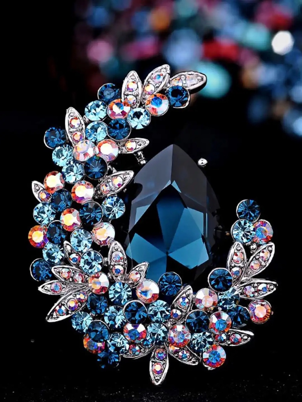 Blue Crystals Cresent Moon Teardrop Statement Brooch Women Jewelry pin